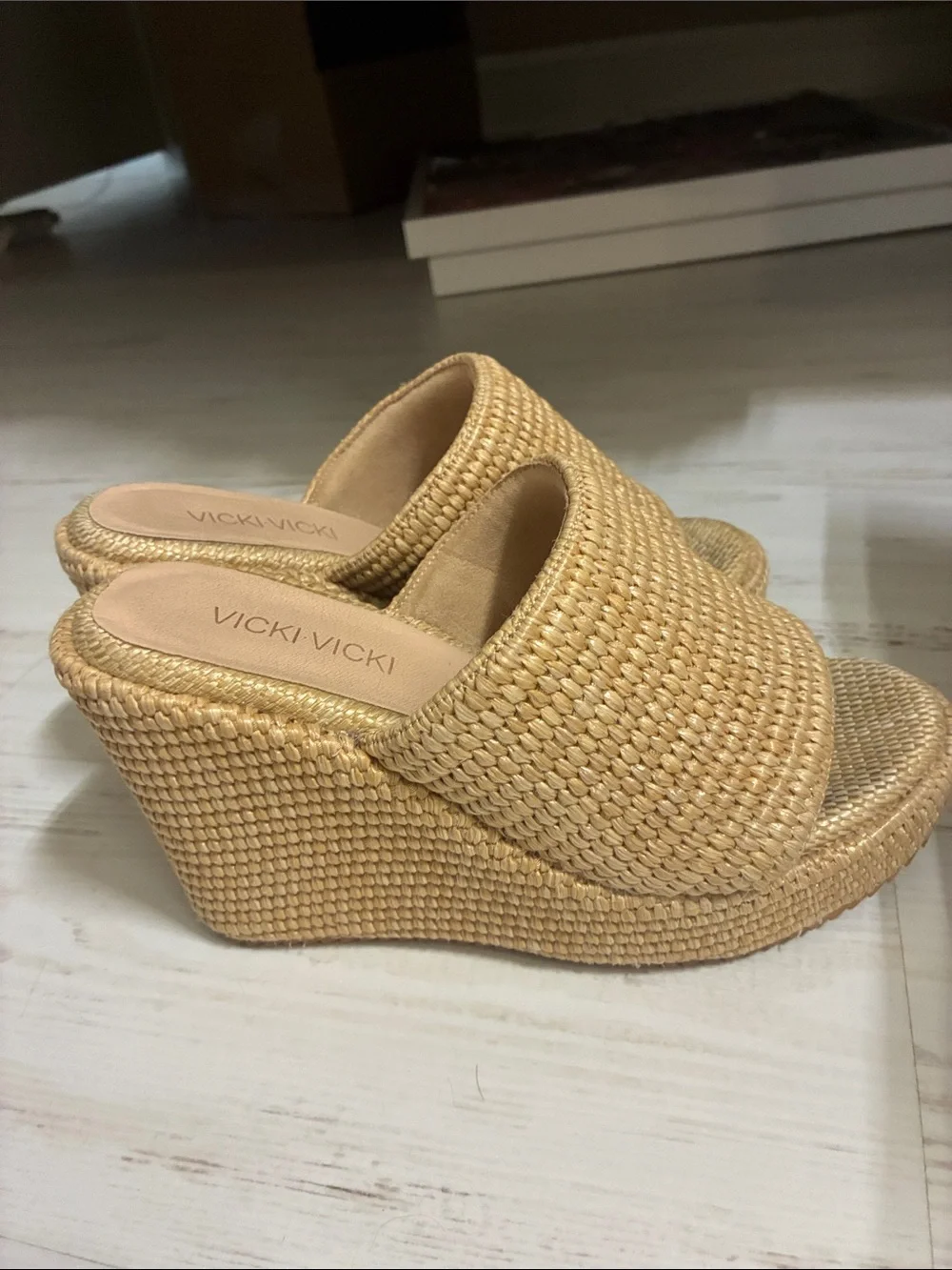 Natural Woven Wedge Slide - Tan